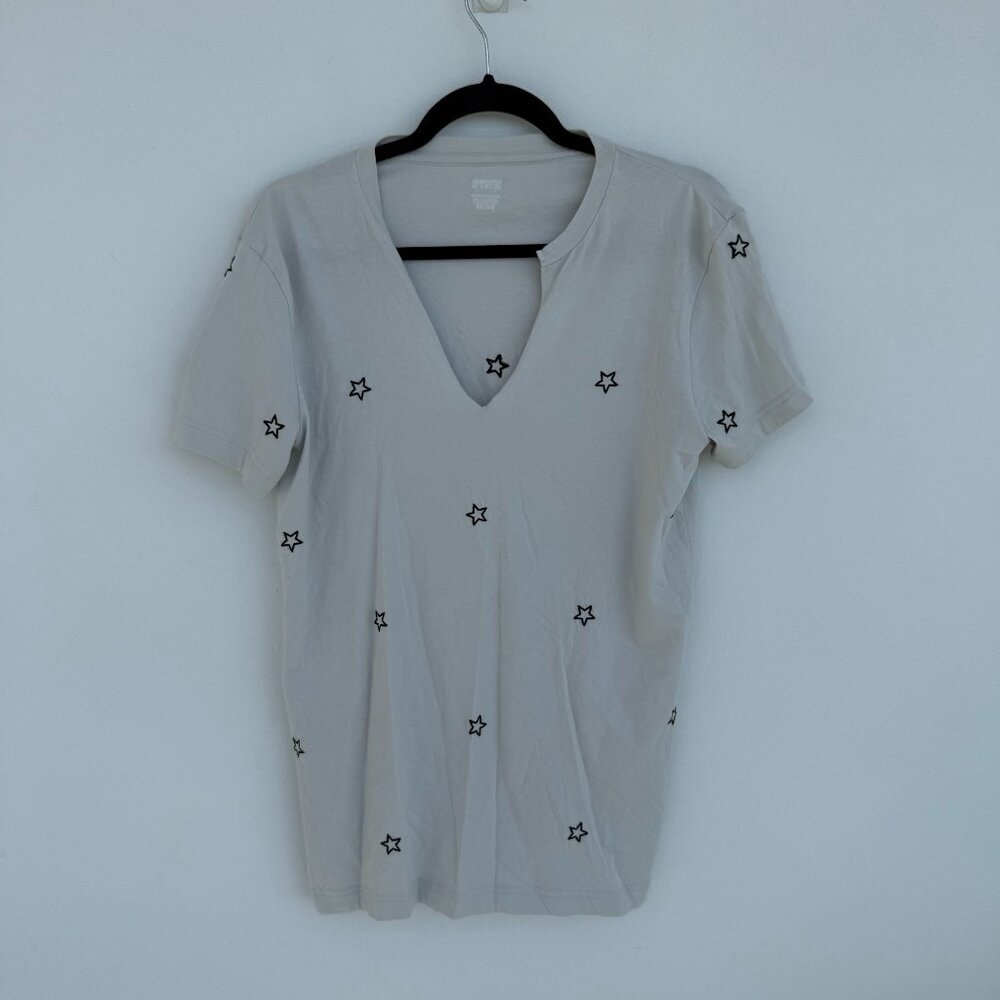 Victoria's Secret PINK gray V-neck t-shirt with embroidered black stars.